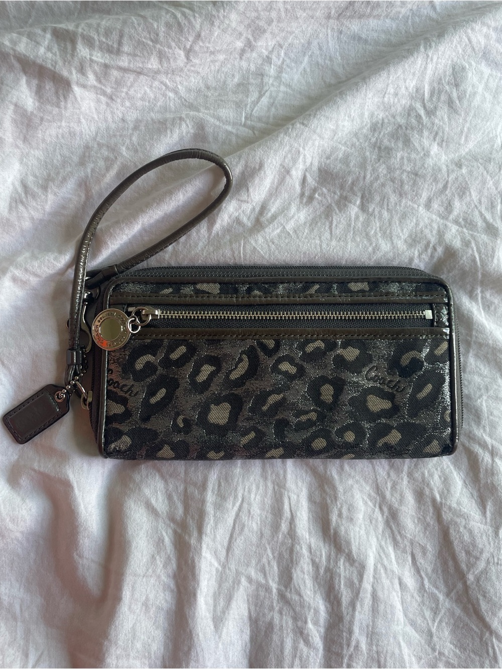 Vintage Y2K Coach Shimmery Metallic Gray & Black Ocelot Print Zip Around Wallet